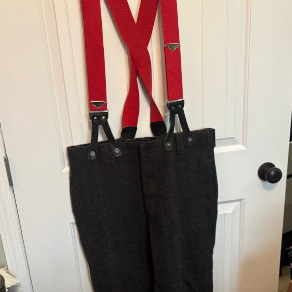 Woolrich Dark Gray Cargo Pants with Bright Red Suspenders